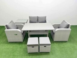 Fimous Light Grey PE Wicker Rattan Garden Furniture Set Sofa Set Reclining Chair Rectangular Dining Table 6 Seater 2 Small Stools Side Table - thumbnail 1