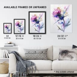 "Artery8 Thistle Flower Bloom Soft Watercolour Painting Wall Art Print in Purple - Size: W18"" x H24""" - thumbnail 3