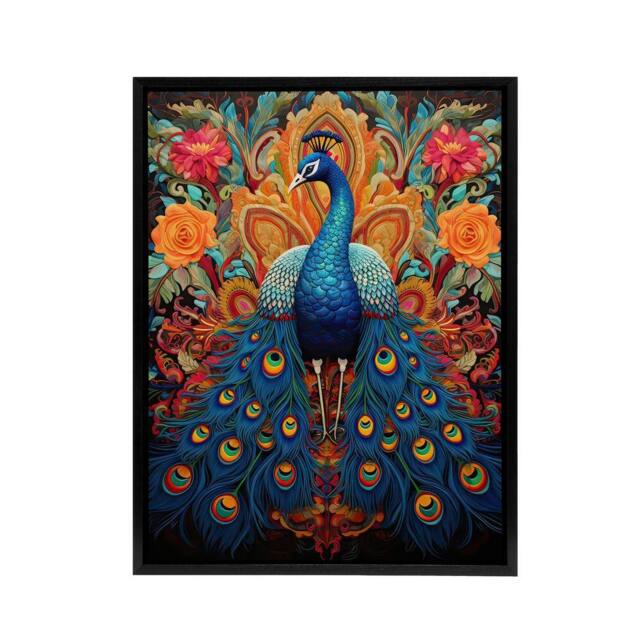 "Artery8 Royal Peacock Exotic Bird Framed Canvas Wall Art Print - Size: W12"" x H16""" - image 1