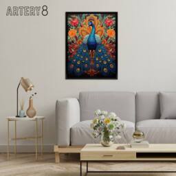 "Artery8 Royal Peacock Exotic Bird Framed Canvas Wall Art Print - Size: W12"" x H16""" - thumbnail 3