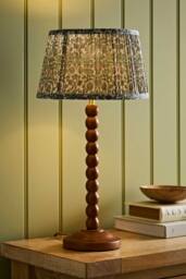 ValueLights Bobbin Floral Printed Pleated Shade Walnut Bobble Table Lamp in Dark Green