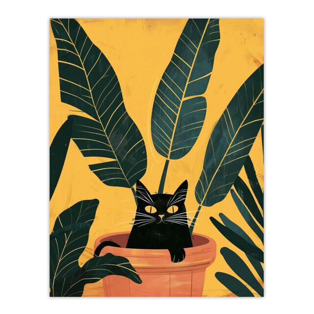 "Artery8 Cat Lover Mischievous Pet in Tropical Plant Pot Wall Art Print in Green - Size: W18"" x H24""" - image 1