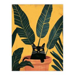 "Artery8 Cat Lover Mischievous Pet in Tropical Plant Pot Wall Art Print in Green - Size: W18"" x H24""" - thumbnail 1