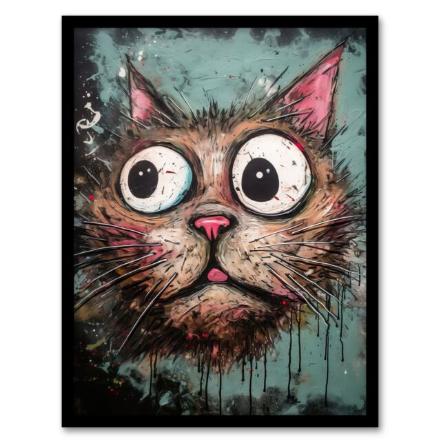 "Artery8 Wall Art Print Graffiti Street Art Bug Eyed Cat Artwork By Tom Jones Art Framed - Size: W12"" x H16""" - image 1
