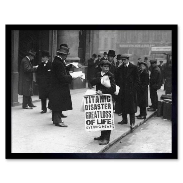 "Artery8 Historical Titanic Disaster Sinks S Boy Sign Framed Art Print in Grey - Size: W12"" x H16""" - image 1