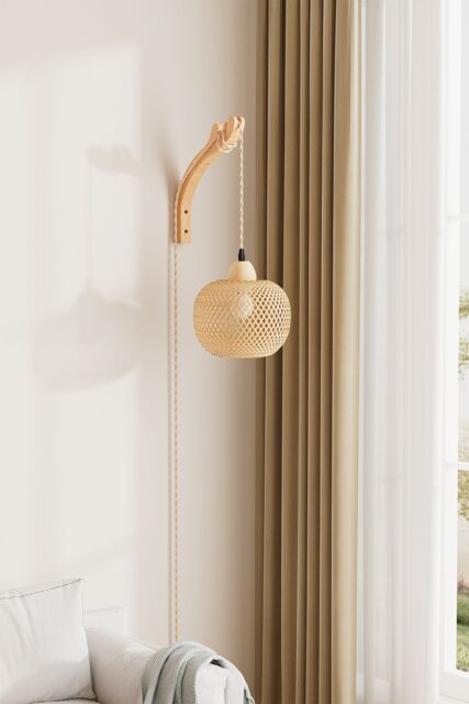 Living and Home Bamboo Lampshade E27 Wall Light in Natural - image 1