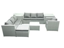 Fimous Wicker PE Rattan Sofa Garden Furniture Set with Armchair Square Coffee Table Big Footstool 2 Side Tables Light Grey Mixed - thumbnail 1