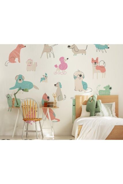 Origin Murals Happy Dogs Wall Mural in Pink - Size: W300 cm x H240 cm - image 1