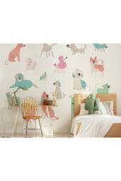 Origin Murals Happy Dogs Wall Mural in Pink - Size: W300 cm x H240 cm - thumbnail 1