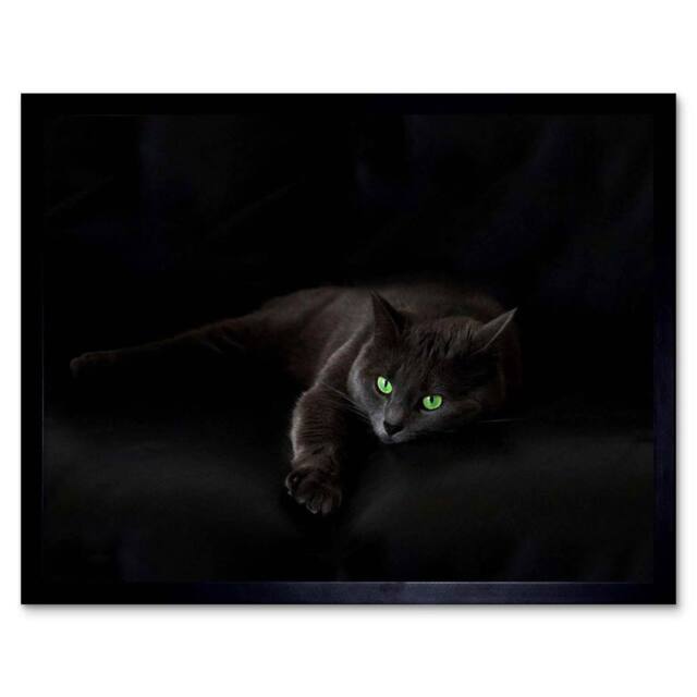 "Artery8 Black Cat Yellow Eyes Lazy Sleepy Home Decor 12x16"" Framed Art Print - Size: W12"" x H16""" - image 1