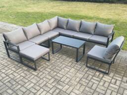 Fimous Aluminium 9 Seater Patio Outdoor Garden Furniture Lounge Corner Sofa Set with Oblong Coffee Table Big Footstool Dark Grey - thumbnail 1