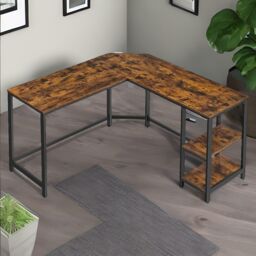 Rafaelo Mobilia Industrial Rustic L-Shaped Writing Desk With Steel Frame in Brown
