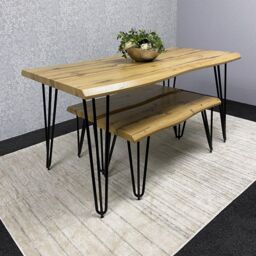 KOSY KOALA Wooden Dining Table & 2 Benches Set With Metal Hairpin Legs for Dining Room, Work, or Study in Brown - thumbnail 2