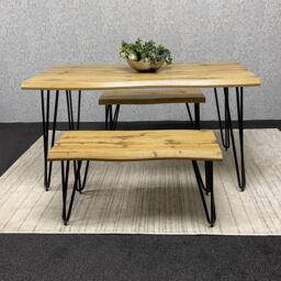 KOSY KOALA Wooden Dining Table & 2 Benches Set With Metal Hairpin Legs for Dining Room, Work, or Study in Brown - thumbnail 7