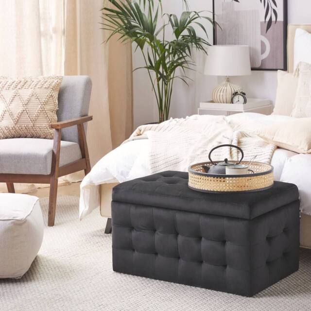 Wyld and Coco Luxor Black Velvet Tufted Storage Ottoman Bench - image 1
