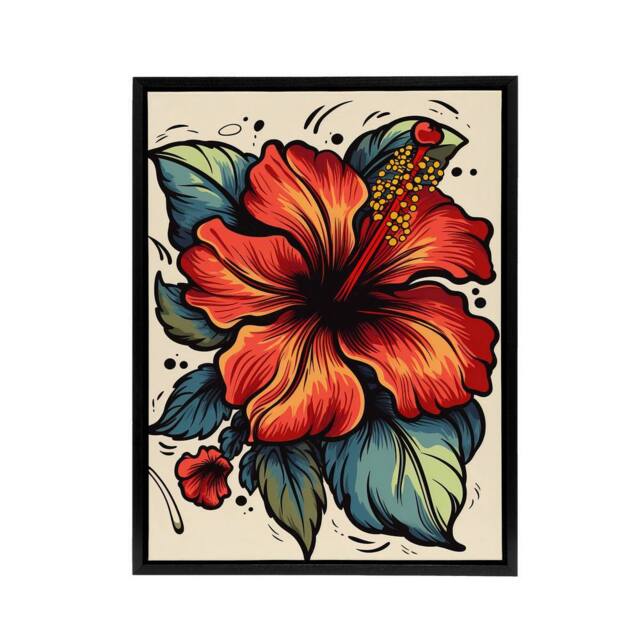 "Artery8 Hibiscus Old School USA Tattoo Design Framed Canvas Wall Art Print in Red - Size: W12"" x H16""" - image 1