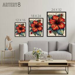 "Artery8 Hibiscus Old School USA Tattoo Design Framed Canvas Wall Art Print in Red - Size: W12"" x H16""" - thumbnail 4