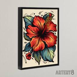 "Artery8 Hibiscus Old School USA Tattoo Design Framed Canvas Wall Art Print in Red - Size: W12"" x H16""" - thumbnail 2