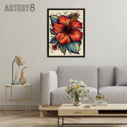 "Artery8 Hibiscus Old School USA Tattoo Design Framed Canvas Wall Art Print in Red - Size: W12"" x H16""" - thumbnail 3