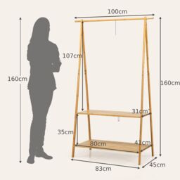 Costway Bamboo Garment Rack Freestanding Clothes Rail Stand 2 Storage Shelves Anti-tip in Natural - thumbnail 5