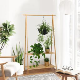Costway Bamboo Garment Rack Freestanding Clothes Rail Stand 2 Storage Shelves Anti-tip in Natural - thumbnail 4