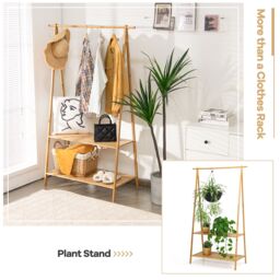 Costway Bamboo Garment Rack Freestanding Clothes Rail Stand 2 Storage Shelves Anti-tip in Natural - thumbnail 6