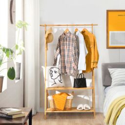 Costway Bamboo Garment Rack Freestanding Clothes Rail Stand 2 Storage Shelves Anti-tip in Natural - thumbnail 3