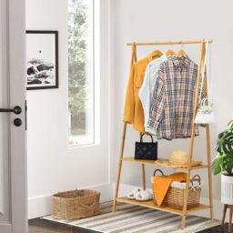 Costway Bamboo Garment Rack Freestanding Clothes Rail Stand 2 Storage Shelves Anti-tip in Natural - thumbnail 2