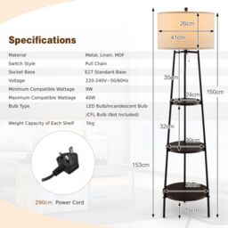 Costway Modern Floor Lamp Corner Standing Lamp Tall Bookshelf Light with 3-tier Shelves - thumbnail 5