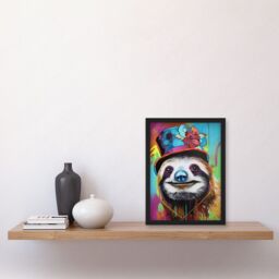 Artery8 Sloth Wearing Summer Hat Modern Pop Art Artwork Framed Wall Art Print A4 in Black - thumbnail 2