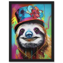 Artery8 Sloth Wearing Summer Hat Modern Pop Art Artwork Framed Wall Art Print A4 in Black - thumbnail 1