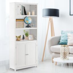 Costway Wooden Tall Bookcase 3-Tier Shelving Storage Cabinet 2 Doors Display Organizer in White - thumbnail 3
