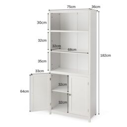Costway Wooden Tall Bookcase 3-Tier Shelving Storage Cabinet 2 Doors Display Organizer in White - thumbnail 2