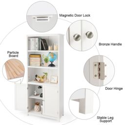 Costway Wooden Tall Bookcase 3-Tier Shelving Storage Cabinet 2 Doors Display Organizer in White - thumbnail 5