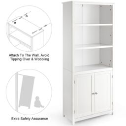 Costway Wooden Tall Bookcase 3-Tier Shelving Storage Cabinet 2 Doors Display Organizer in White - thumbnail 6