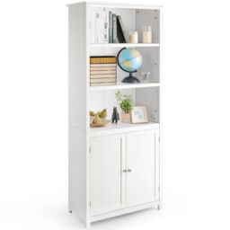 Costway Wooden Tall Bookcase 3-Tier Shelving Storage Cabinet 2 Doors Display Organizer in White - thumbnail 1