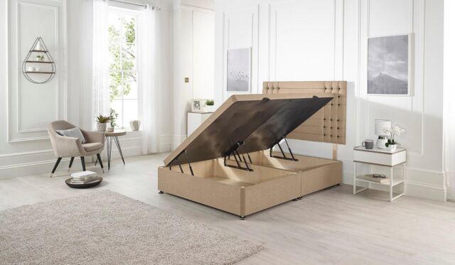 Somnior Flexby Plush Fabric Side Opening Ottoman Bed With Headboard in Beige - Size: Single - image 1