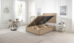 Somnior Flexby Plush Fabric Side Opening Ottoman Bed With Headboard in Beige - Size: Single - thumbnail 1