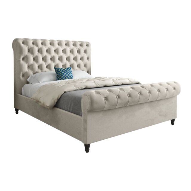 KDMD Venezia Sleigh Upholstered Soft Velvet Designer Bed Frame in Cream - Size: Double - image 1