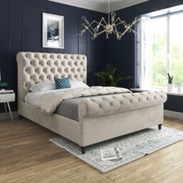 KDMD Venezia Sleigh Upholstered Soft Velvet Designer Bed Frame in Cream - Size: Double - thumbnail 2