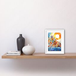"Artery8 Wall Art Print Abstract Seascape Sunrise Village Folk Artwork Framed 9X7 Inch in White - Size: W7"" x H9""" - thumbnail 2