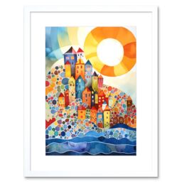 "Artery8 Wall Art Print Abstract Seascape Sunrise Village Folk Artwork Framed 9X7 Inch in White - Size: W7"" x H9""" - thumbnail 1