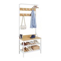 VOGREX Maple Industrial Coat Stand, Shoe Bench with 9 Hooks in Natural