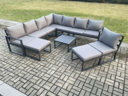 Fimous 10 Seater Patio Outdoor Garden Furniture Aluminium Lounge Corner Sofa Set with Square Coffee Table 2 Big Footstools Dark Grey - thumbnail 1