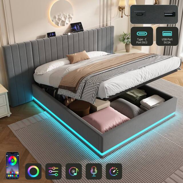 Matteo King Ottoman Storage Bed Frame - Velvet, LED & Charging Station in Grey - image 1