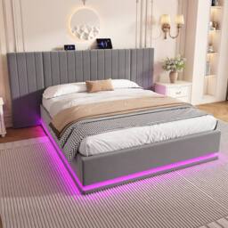 Matteo King Ottoman Storage Bed Frame - Velvet, LED & Charging Station in Grey - thumbnail 2