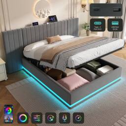 Matteo King Ottoman Storage Bed Frame - Velvet, LED & Charging Station in Grey - thumbnail 1