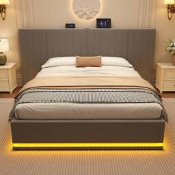 Matteo King Ottoman Storage Bed Frame - Velvet, LED & Charging Station in Grey - thumbnail 5