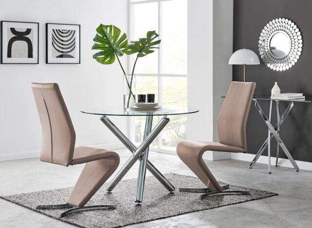 FurnitureboxUK Selina Round Glass & Chrome Metal Dining Table & Luxury Willow Chairs Set in Beige - Size: 2 Person - image 1