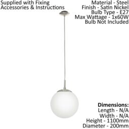 Loops Pendant Light Colour Satin Nickel Shade White Glass Opal Matt Bulb E27 1x60W in Metallics - thumbnail 2
